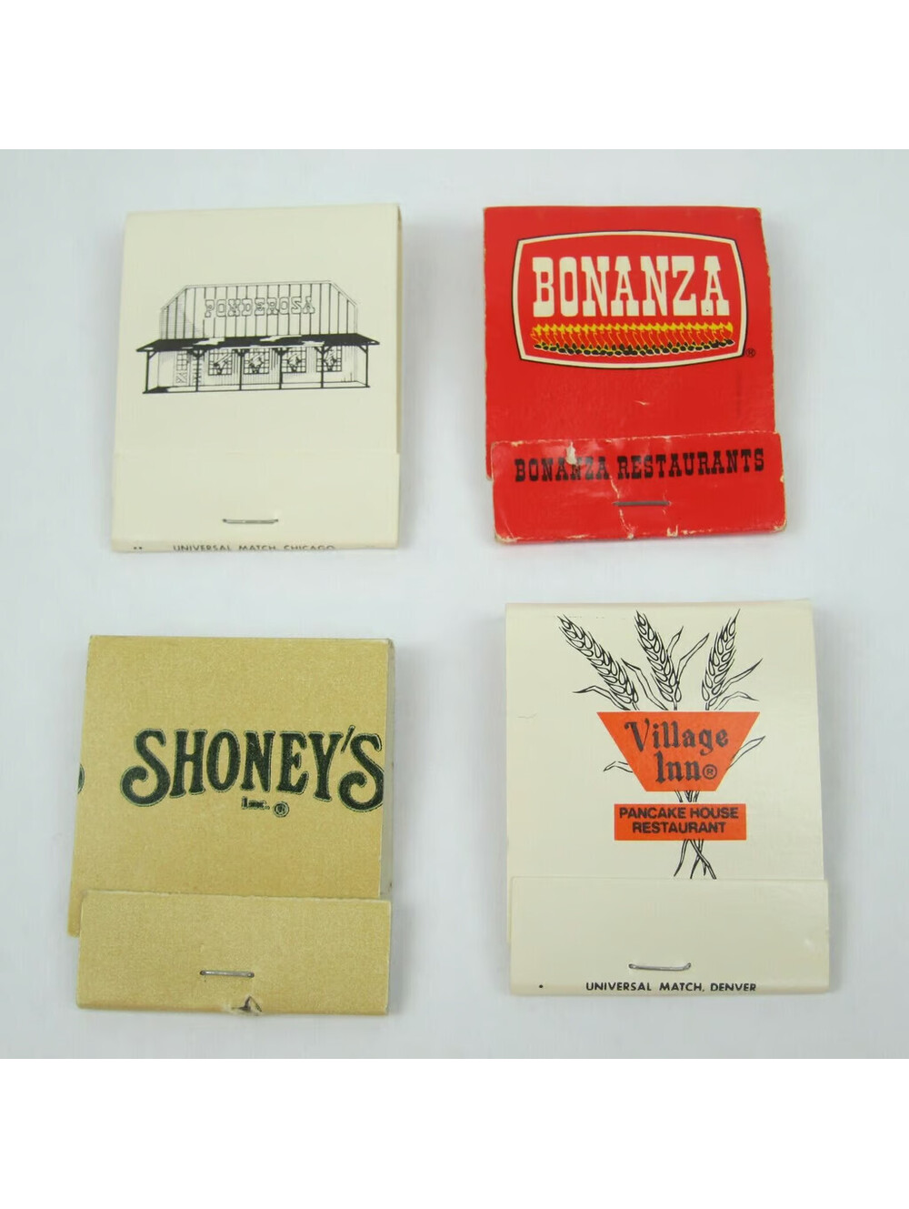 4 Vintage Matchbooks Ponderosa, Bonanza, Shoney's & Village Inn Restaurants